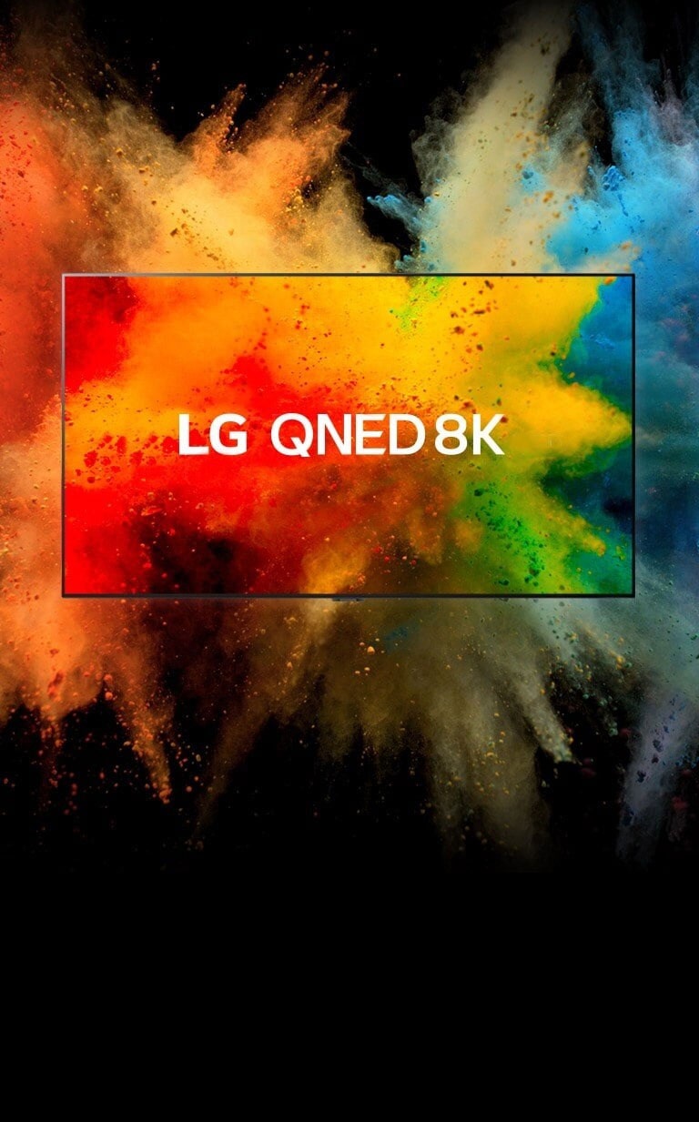Karanlık bir odada bir LG QNED. Boyalı tozlar, TV'de gökkuşağı renkleri patlaması yaratır.