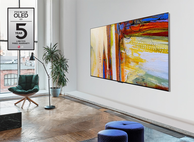 Parlak ve canlı bir odada renkli bir soyut çizimi gösteren LG OLED G3 görüntüsü yer almaktadır.