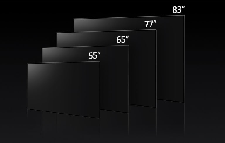 48, 55, 65, 77 ve 83 inçlik boylarıyla LG OLED C3'ün farklı boyutlarını karşılaştıran bir görüntü yer almaktdır.