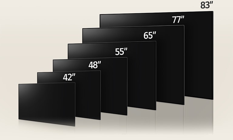 48, 55, 65, 77 ve 83 inçlik boylarıyla LG OLED C3'ün farklı boyutlarını karşılaştıran bir görüntü yer almaktdır.