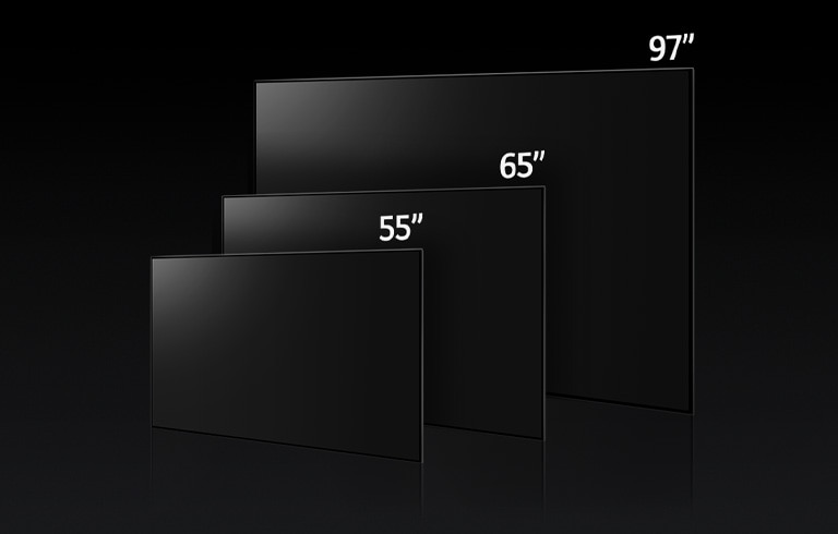 48, 55, 65, 77 ve 83 inçlik boylarıyla LG OLED C3'ün farklı boyutlarını karşılaştıran bir görüntü yer almaktdır.