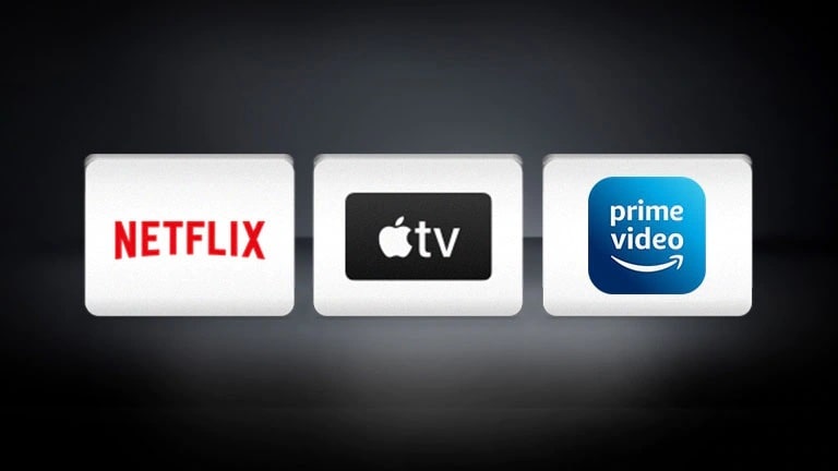 Netflix logosu, Apple TV logosu, Amazon prime videosu siyah arka planda yatay olarak düzenlenmiştir.