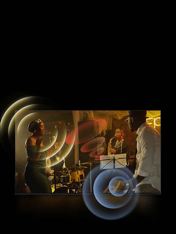 LG TV performans sergileyen müzisyenleri gösteriyor. Mekanın etrafında parlak dairesel grafikler yer alıyor.