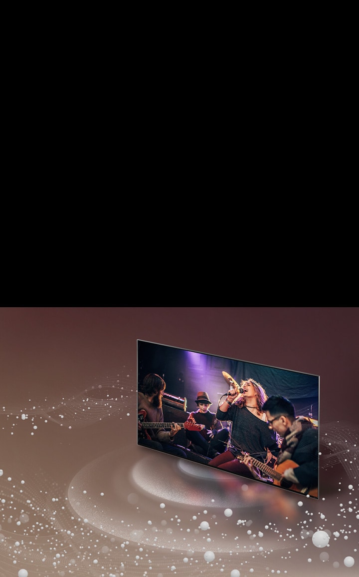 Ekrandan çıkan ses baloncukları ve dalgalarının mekanı kapladığı LG TV görüntüsü.