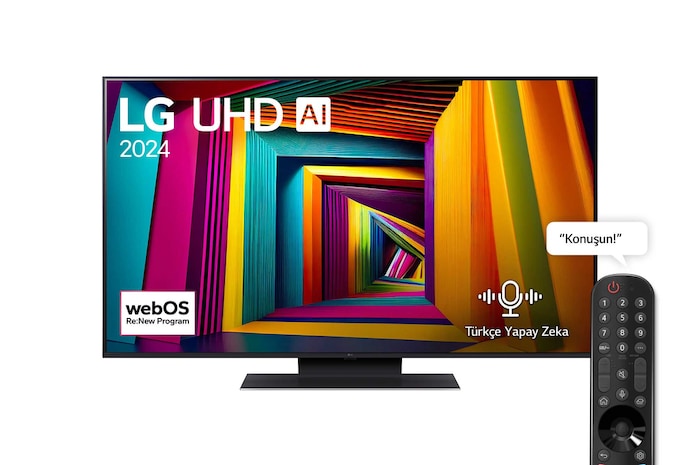 LG UHD TV, UT91’un önden görünümü. Ekranda LG UHD AI ThinQ, 2024 yazısı ve webOS Yenileme Programı logosu yer alıyor.