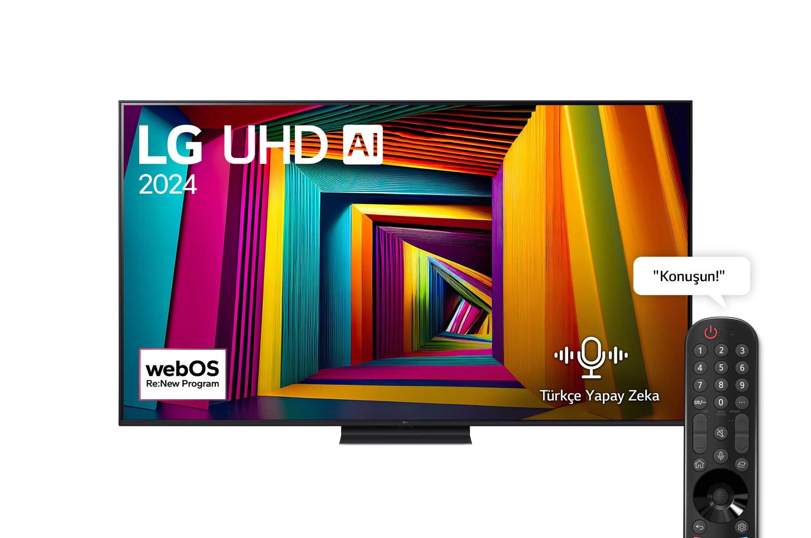 LG UHD TV, UT91’un önden görünümü. Ekranda LG UHD AI ThinQ, 2024 yazısı ve webOS Yenileme Programı logosu yer alıyor.