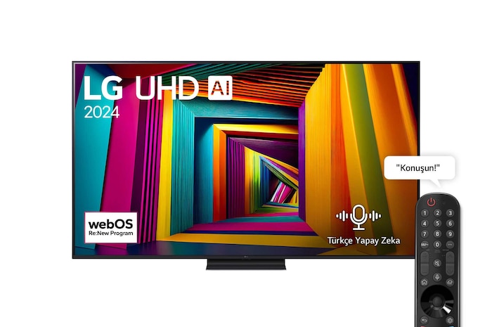 LG UHD TV, UT91’un önden görünümü. Ekranda LG UHD AI ThinQ, 2024 yazısı ve webOS Yenileme Programı logosu yer alıyor.