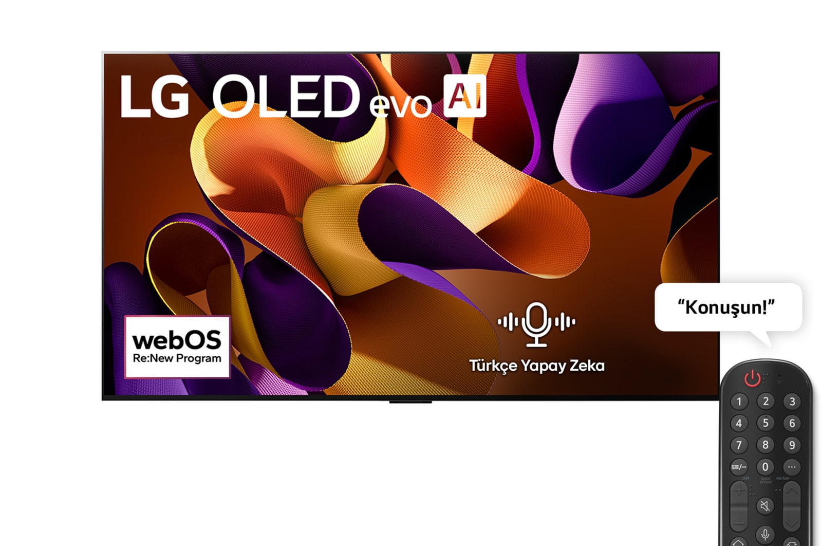 LG OLED evo AI TV, OLED G4’ün önden görünümü. Ekranda 11 Yıldır Dünyanın 1 Numaralı OLED’i Amblemi, webOS Re:New Program logosu, 5 Yıl Panel Garantisi logosu ve altta Soundbar.