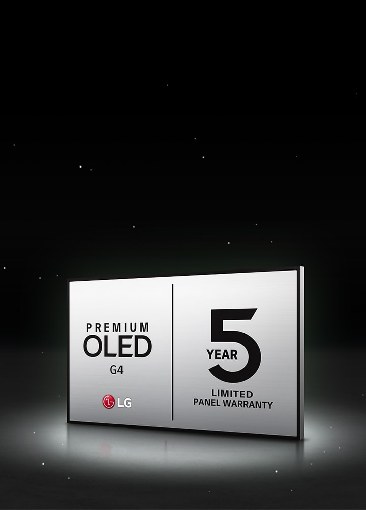 Siyah bir zemine karşı LG OLED Care+ ve 5 Yıllık Panel Garantisi logosu.