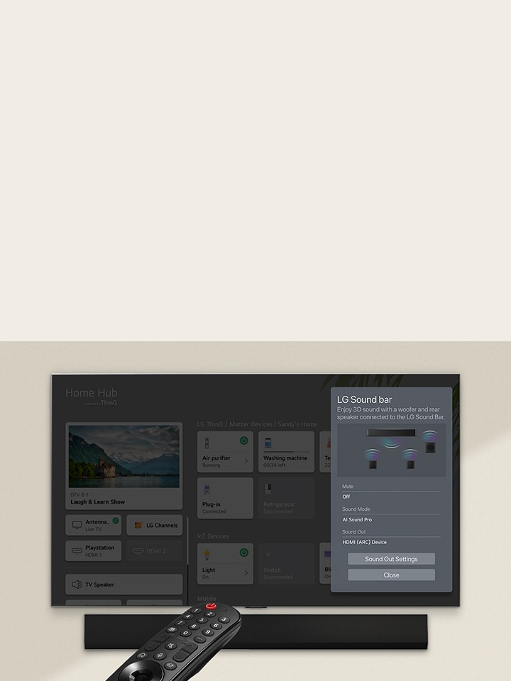 LG OLED TV’ye yönlendirilmiş bir uzaktan kumanda görüntüsü. Ekranın sağ tarafında ayarlar gösteriliyor.