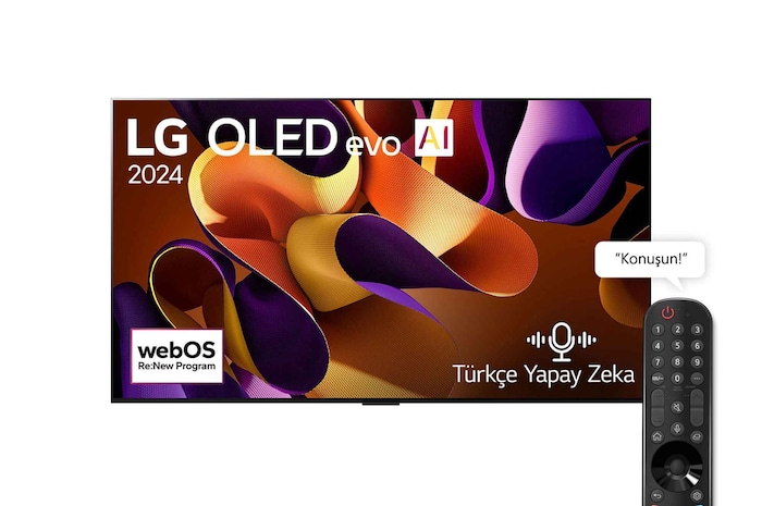 LG OLED evo AI TV, OLED G4’ün önden görünümü. Ekranda 11 Yıldır Dünyanın 1 Numaralı OLED’i Amblemi, webOS Re:New Program logosu ve 5 Yıllık Panel Garantisi logosu.