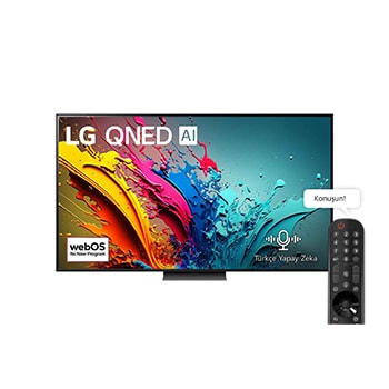 LG QNED TV, QNED86’un önden görünümü. Ekranda LG QNED, 2024 yazısı ve webOS Yenileme Programı logosu yer alıyor.