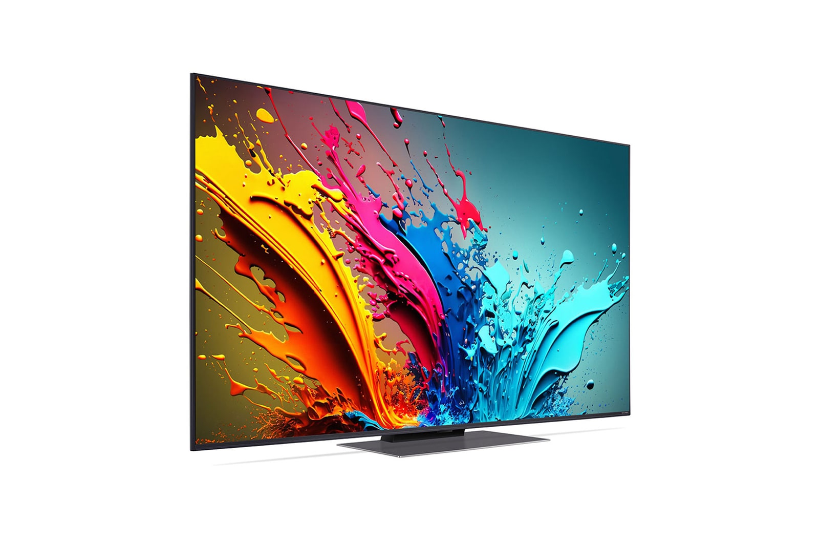 LG QNED TV, QNED85’un önden görünümü. Ekranda LG QNED, 2024 yazısı ve webOS Re:New Program logosu yer alıyor.