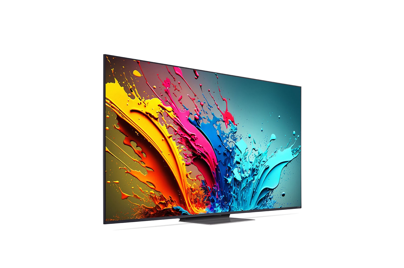 LG QNED TV, QNED85’un önden görünümü. Ekranda LG QNED, 2024 yazısı ve webOS Re:New Program logosu yer alıyor.