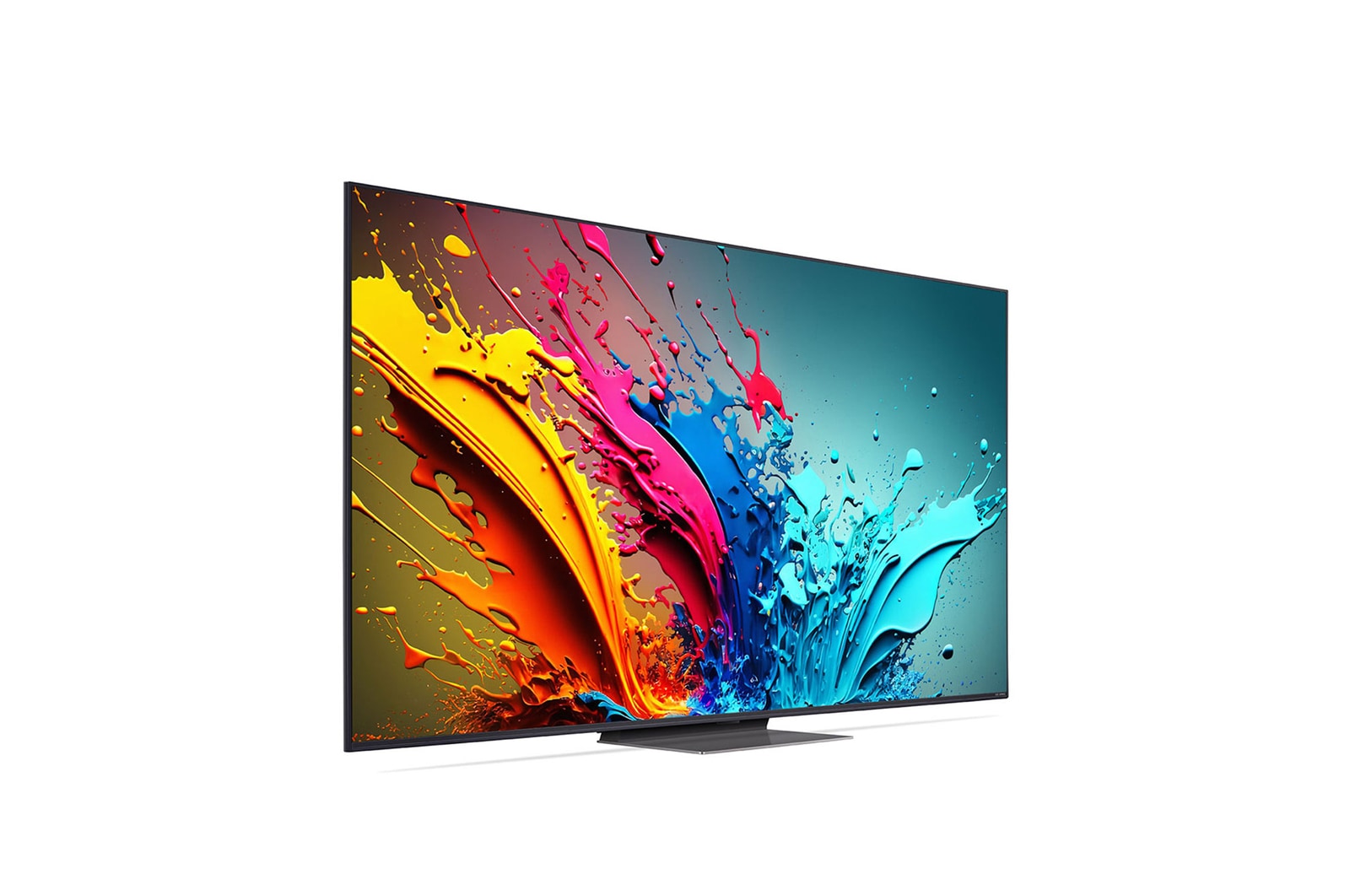 LG QNED TV, QNED85’un önden görünümü. Ekranda LG QNED, 2024 yazısı ve webOS Re:New Program logosu yer alıyor.