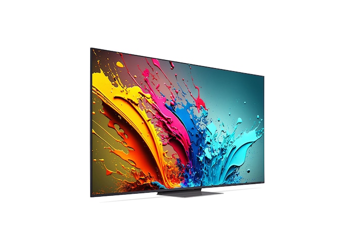 LG QNED TV, QNED85’un önden görünümü. Ekranda LG QNED, 2024 yazısı ve webOS Re:New Program logosu yer alıyor.