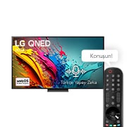 LG QNED TV, QNED85’un önden görünümü. Ekranda LG QNED, 2024 yazısı ve webOS Re:New Program logosu yer alıyor.
