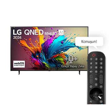 LG QNED TV, QNED91’un önden görünümü. Ekranda LG QNED MiniLED, 2024 yazısı ve webOS Yenileme Programı logosu yer alıyor.