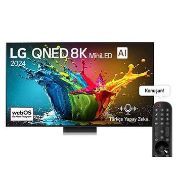 Önden görünümde LG QNED99 TV 75QNED99T9B, LG QNED MiniLED logosu ve webOS Re Programı logosu gösterilmektedir.