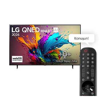 LG QNED TV, QNED91’un önden görünümü. Ekranda LG QNED MiniLED, 2024 yazısı ve webOS Yenileme Programı logosu yer alıyor.