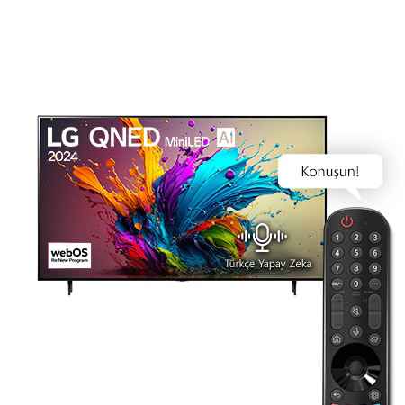 LG QNED TV, QNED90’un önden görünümü. Ekranda LG QNED MiniLED, 2024 yazısı ve webOS Re:New Program logosu yer alıyor.