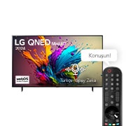 LG QNED TV, QNED90’un önden görünümü. Ekranda LG QNED MiniLED, 2024 yazısı ve webOS Re:New Program logosu yer alıyor.