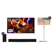 Front view of LG OLED83G45 4K OLED evo TV & StanbyME Ekran & GX Soundbar OLED83G45.27A10GX