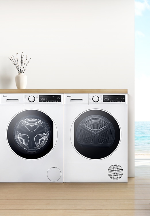 Çamaşır ve kurutma makineleri iç arka planda paralel olarak sıralanmıştır.