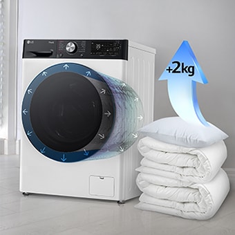 Çamaşır makinesinin yanında battaniye ve yastıklar yer alıyor. Yastığın üzerinde 2 kg artışa işaret eden bir ok bulunuyor.