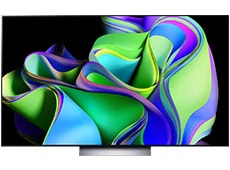 Renkli bir soyut resmi gösteren LG OLED C3. 
