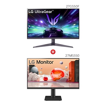 Front view of 27” IPS Full HD monitör + 27” UltraGear™ FHD 180Hz oyun monitörü | 1ms MBR, HDR 10 27MS55.27GS50