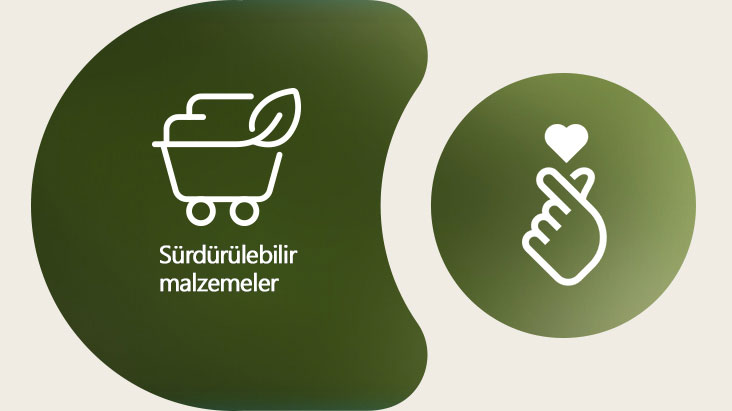 Solda, LG’nin sürdürülebilir malzemeler simgesi adıyla birlikte gösteriliyor. Sağda ESG parmak kalp simgesi gösteriliyor.