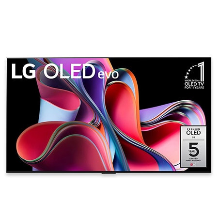 Ekranda LG OLED evo, "10 Yıldır Dünyanın 1 Numaralı OLED'i" Amblemi ve 5 Yıllık Panel Garanti logosu ile önden görünüm