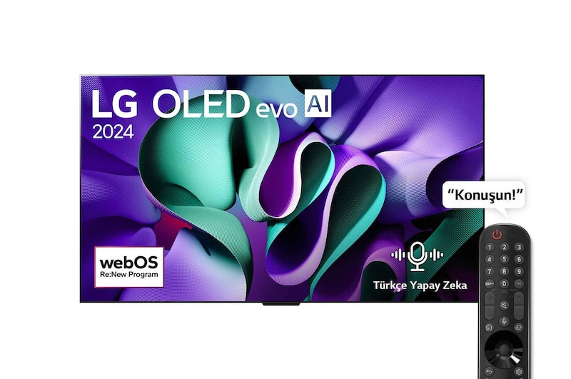 LG OLED evo AI TV'nin önden görünümü, OLED M4, 11 Yıldır Dünyanın 1 Numarası OLED Amblemi, webOS Re: Yeni Program logosu, ekranda 5 Yıllık Panel Garantisi logosu ve TV'ye bağlı 4K 144Hz kablosuz video ve ses aktarımına sahip Zero Connect Box ve kutudan çıkan bir Wi-Fi sinyali