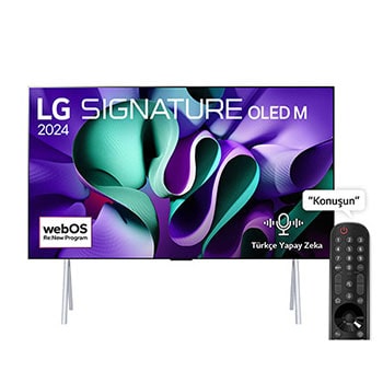 Front view with LG OLED TV, OLED M4 SIGNATURE on a stand, 11 Years of world number 1 OLED Emblem, webOS Re:New Program logo, 5-Year Panel Warranty logo on screen, and a Zero Connect Box with 4K wireless video & audio transfer connected to a TV, and a Wi-Fi signal coming out of the box
