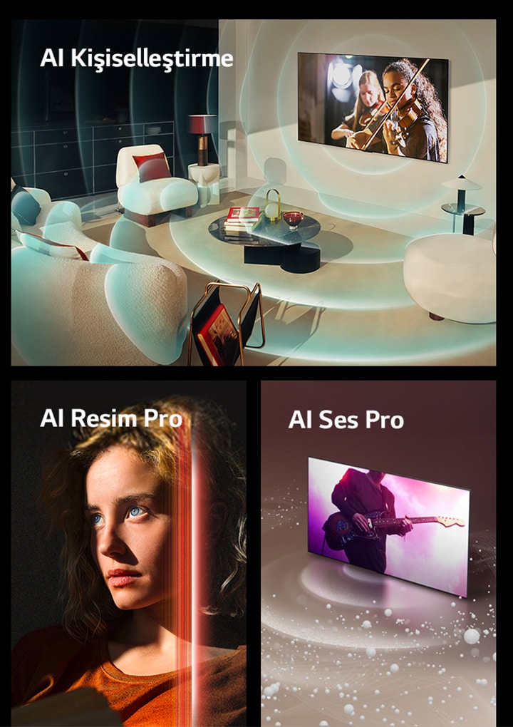 Modern bir yaşam alanına yerleştirilen LG OLED ekranında müzik performansı sergileniyor. Kişiselleştirmeyi tasvir eden mavi renkte dairesel dalgalar TV ve mekanı çevreliyor.  Karanlık bir mekanda keskin mavi gözlere sahip ve koyu turuncu bir üst giyen kadın görüntüsü. AI geliştirmelerini tasvir eden kırmızı çizgiler parlak ve detaylı yüzün bir kısmını kapatırken görüntünün kalan kısmı donuk görünüyor.   Ekrandan çıkan ses baloncukları ve dalgalarının mekanı kapladığı LG OLED TV görüntüsü.