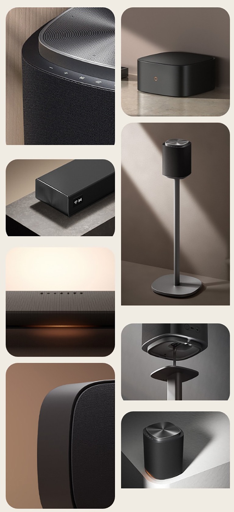 1)Metal gümüş ve siyah birinci sınıf tasarıma sahip LG Sound Suite hoparlörün yakın çekim görüntüsü.<br> 2)Daha derin ve sürükleyici ses için hafif açılı konumlandırılmış mat siyah LG kablosuz W7 woofer<br> 3)Bir masa üzerine yerleştirilen LG Sound Suite H7’nin, şık mat siyah gövdesini ve premium tasarımını gösteren açılı görünümü.<br> 4)Dolby Atmos ev sineması sistemi oluşturan metal bir standa sahip floor standing kablosuz hoparlörün tam görünümü.<br> 5)Sürükleyici ev stereo ses sistemi için ince Dolby Atmos Sound Suite H7’nin önden görünümü<br> 6)En iyi ev sineması sistemleri için derin bas sunan Dolby Atmos subwoofer’ın yandan görünümü<br> 7)Sağlam taban ve stand bağlantısını vurgulayan bir LG kablosuz hoparlörün alttan görünümü<br> 8)Masa üzerine yerleştirilmiş, yuvarlak koyu bir gövdeye ve tabanda yumuşak turuncu bir parıltıya sahip LG Sound Suite hoparlör.