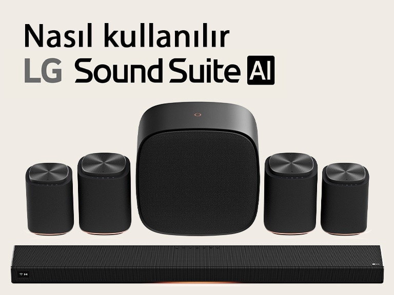 Bir H7 soundbar, bir çift M7 hoparlör, bir diğer çift M5 hoparlör ve bir W7 woofer ile LG Sound Suite ev sineması hoparlör seti.