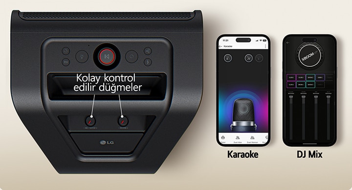 Solda xboom Stage 301’ın düğmeleri ve butonları işaretlenmiş üstten görünümü. Sağda, iki cep telefonu ekranlarında xboom uygulaması ile görüntüleniyor.	