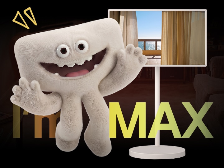LG StanbyME 2 Max’in maskot karakteri Max, neşeli bir gülümsemeyle ürünün yanında duruyor. Ekranda okyanusa bakan bir pencere gösterilirken, koyu arka plan üzerinde büyük sarı “Ben MAX” yazısı yer alıyor.