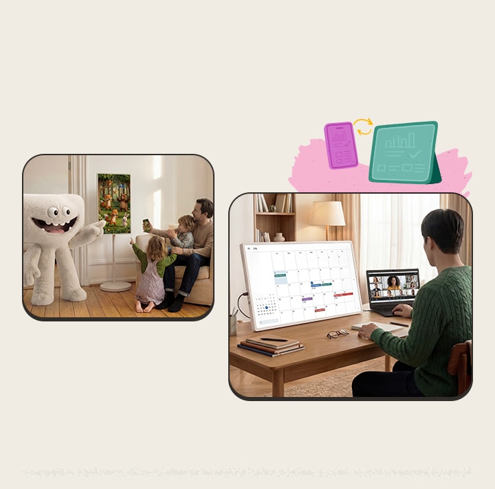 Daha büyük 32 inç ekrana sahip LG StanbyME 2 Max LX6 Movable Screen; içerik izleyen bir aile ve yansıtılmış takvimler ile görüntülü aramaların gösterildiği bir çalışma alanıyla sergilenerek günlük kullanımda çok yönlü izleme deneyimini öne çıkarır.