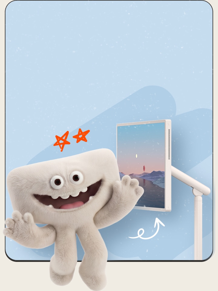 LG StanbyME 2 Max’in maskot karakteri Max, sol tarafta elini kaldırırken; sağ tarafta StanbyME 2 Max, eğlenceli çizimlerle süslenmiş açık mavi bir arka plan üzerinde gösterilir.