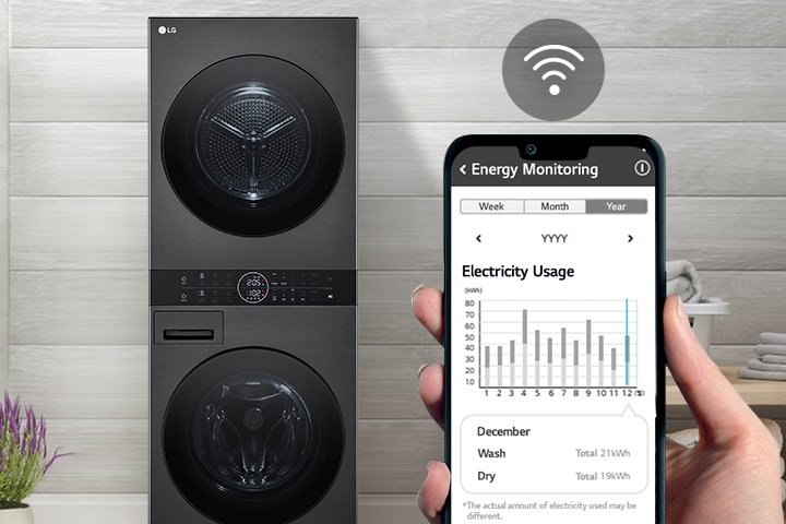 Bir çamaşır makinesi çamaşır odasında konumlandırılmış. Telefonu tutan bir el, ekranı kameraya gösteriyor ve ekran, bakım bilgilerini ve enerji kullanımını ekranın üzerinde bir WiFi sembolüyle gösteriyor.
