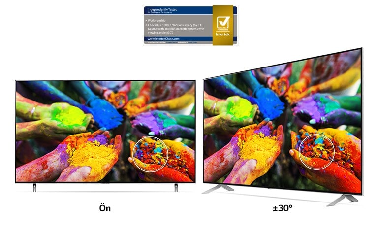 Yan yana duran iki LG NanoCell TV'de, çok renkli boya parçacıklarını tutan ellerin önden ve açılı görüntüsü gösterilir. Resim her iki açıdan da tutarlı bir şekilde canlı ve doğru görüntülenir.
