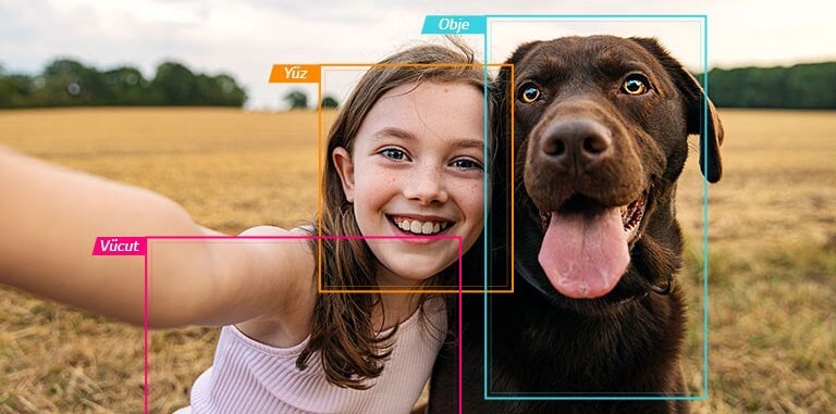 Yüz, vücut ve obje alanı seçiliyken köpekle selfie çeken bir kız.