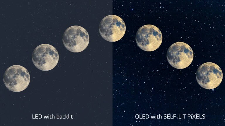 Solda net olmayan siyah renkleri gösteren LED, sağda kusursuz siyah renkleri gösteren OLED ile bir ay görüntüsü (videoyu oynatın)