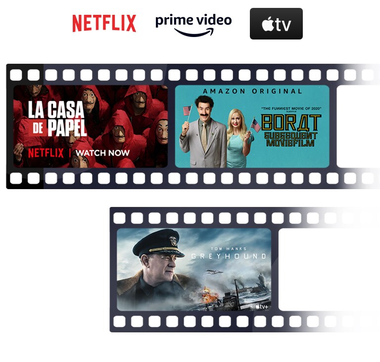 Netflix, Amazon Prime Video ve Apple TV logosu aynı hizada yatay olarak sıralanmıştır. Logoların altında Amazon Original'dan Borat Subsequent Movie Film, Netflix'ten La Casa de Papel ve Apple TV'den Greyhound afişleri aynı hizada yatay olarak sıralanmıştır.