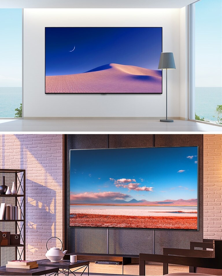 Modern iç mekanlarda duvara monte edilmiş geniş bir düz ekran TV'nin iki görüntüsü. Ekranlarda doğa manzaraları gösterilir.