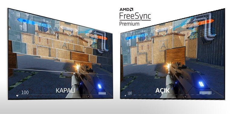 Nişancı oyununun gösterildiği yan yana iki TV ekranı. Solda FreeSync kapalı, sağda ise FreeSync açıktır.