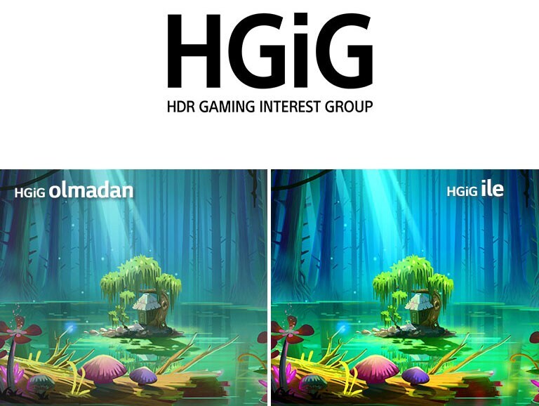 Uzun ve yaprakları dökülmüş ağaçlarla çevrili bir göletin ortasındaki küçük zeminde küçük bir ev ve ağaç. Sağ üstte "HGIG ile" metninin bulunduğu ekran, HGiG'siz olana kıyasla daha parlak ve daha iyi görüntü kalitesi sunar.
